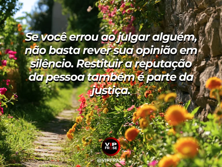 Frase de sabedoria sobre reparar julgamentos injustos, com muro antigo reparado com flores brancas ao redor.