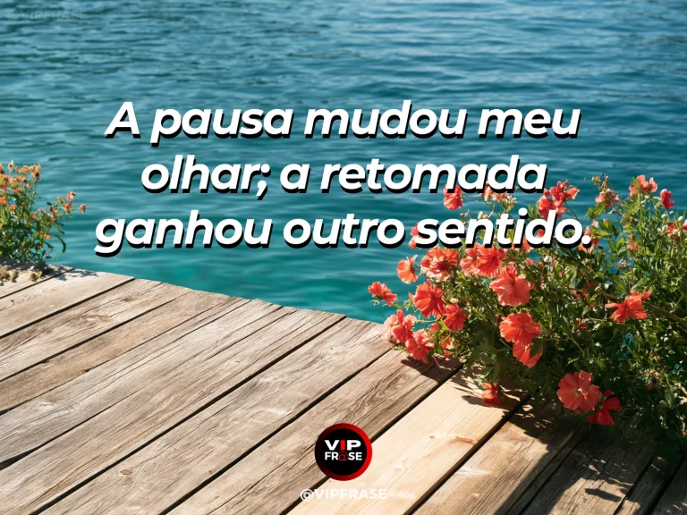Mensagem de recomeço sobre retomar após enxergar de outra forma, em cadeira de madeira junto a lago cercado de flores ao sol.