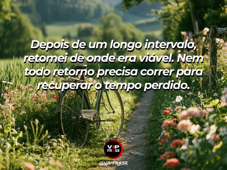Mensagem de recomeço sobre retornar após uma longa pausa sem se apressar, em bicicleta tranquila à beira de ciclovia florida sob céu claro.