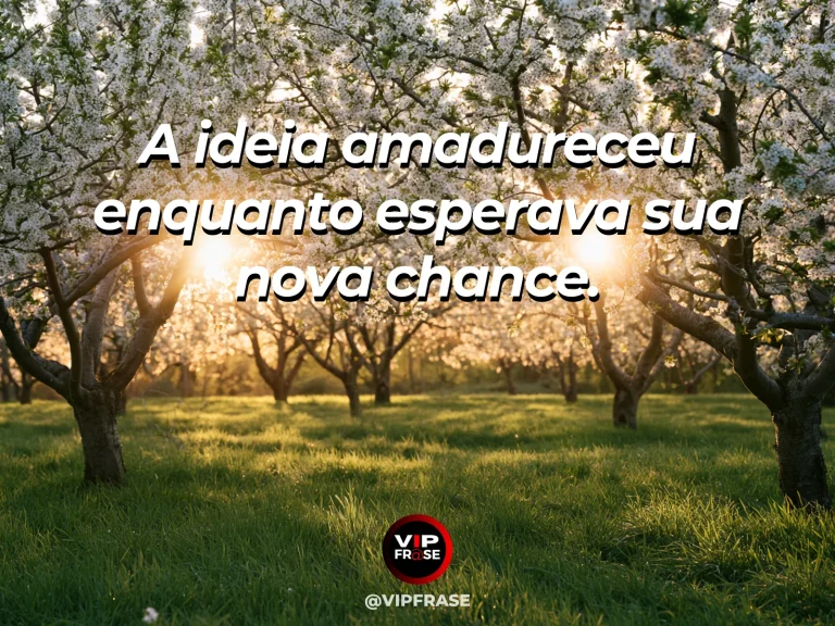Mensagem sobre recomeço e retomar uma ideia após um tempo de amadurecimento, com fruto maduro ao lado de botão floral em árvore sob sol suave.