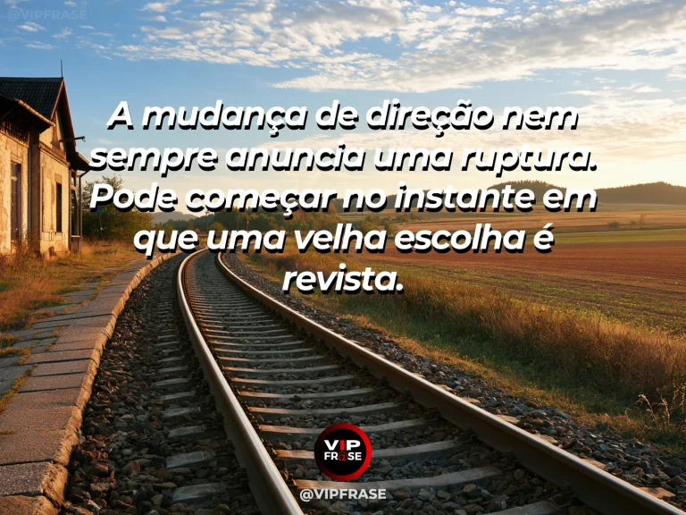 Frase sobre recomeço e rever uma escolha e encontrar outra direção, em cena de estrada tranquila com curva suave revelando nova paisagem verde.