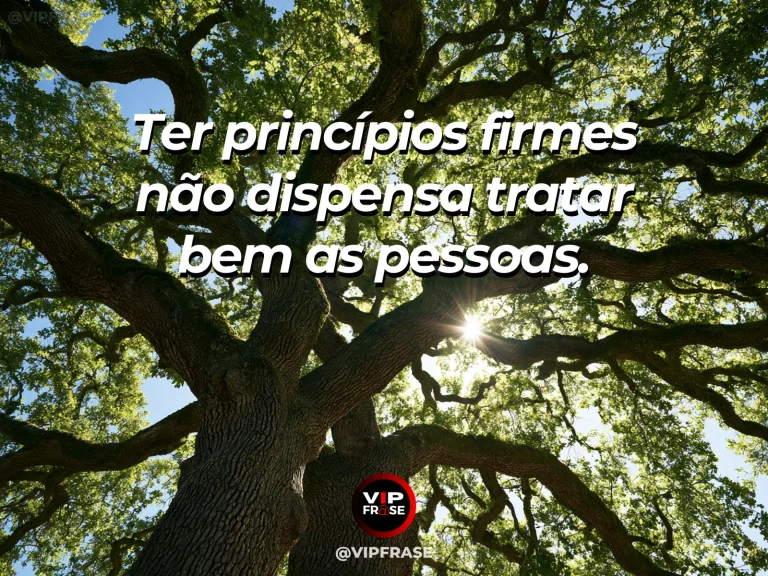 Mensagem de força sobre rigor com humanidade, com carvalho de copa extensa protegendo jardim florido.
