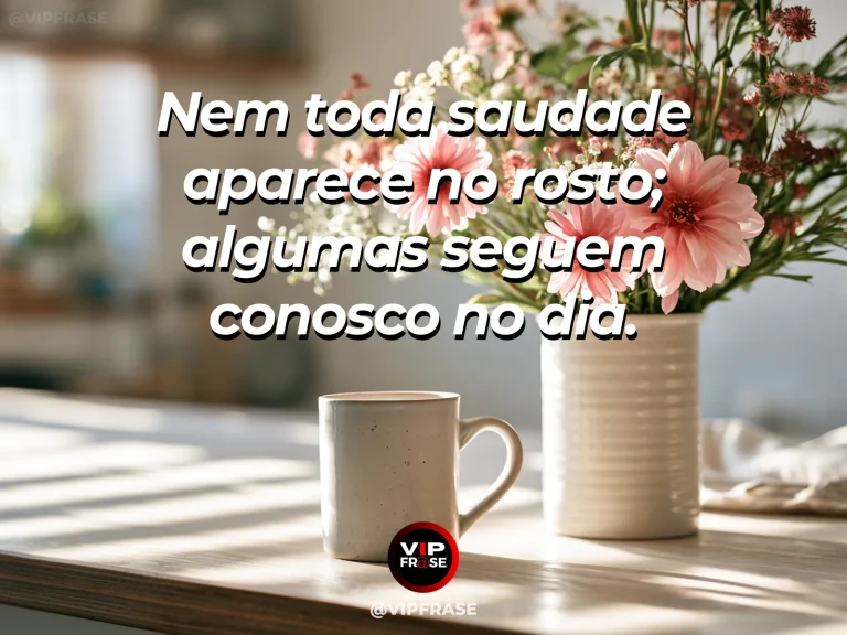 Mensagem de saudade sobre a falta silenciosa no cotidiano, com agenda aberta ao lado de tulipas e janela.