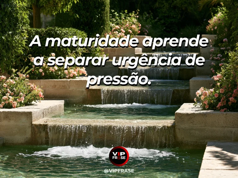 Frase de sabedoria sobre diferença entre urgência e pressão, com relógio analógico ao lado de flores suaves e uma janela aberta.