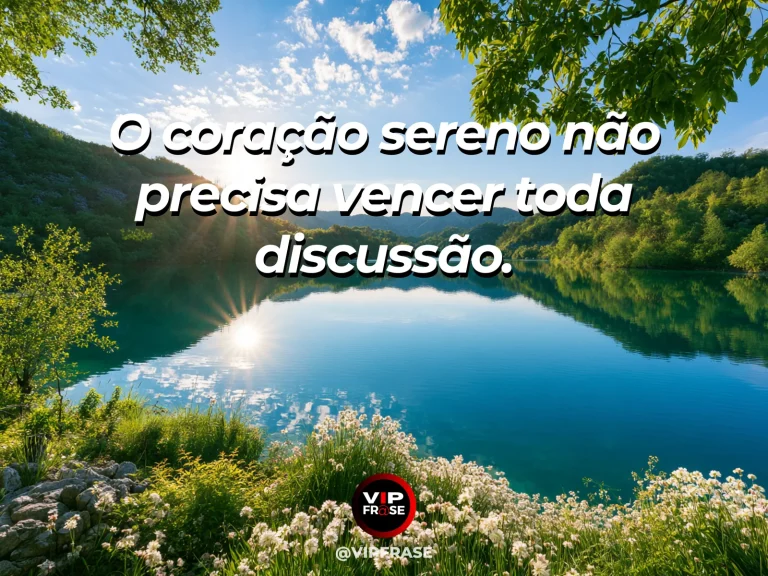 Arte com frase de paz sobre serenidade além da necessidade de vencer, em cenário de lago azul sereno refletindo colinas verdes ao amanhecer.