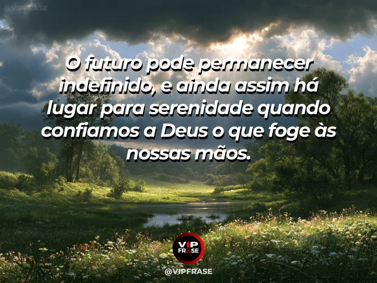 Arte com frase de paz sobre serenidade diante de um futuro incerto, em cenário de lago de montanha com raios de sol entre nuvens e flores silvestres.