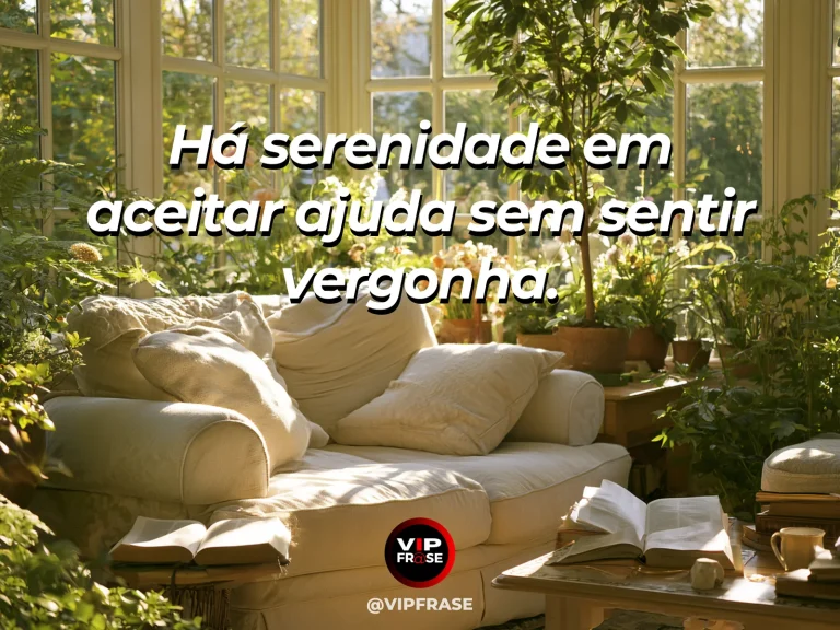 Arte com frase de paz sobre serenidade para aceitar ajuda, em cenário de pérgola de jardim com duas poltronas e flores.