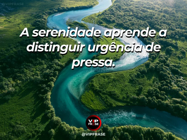 Arte com frase de paz sobre serenidade para distinguir pressa e urgência, em cenário de caminho de pedras contornando lago num jardim luminoso.