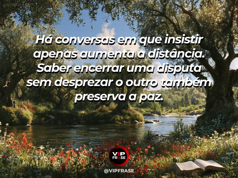 Arte com frase de paz sobre encerrar disputas sem desprezo, em cenário de jardim florido.