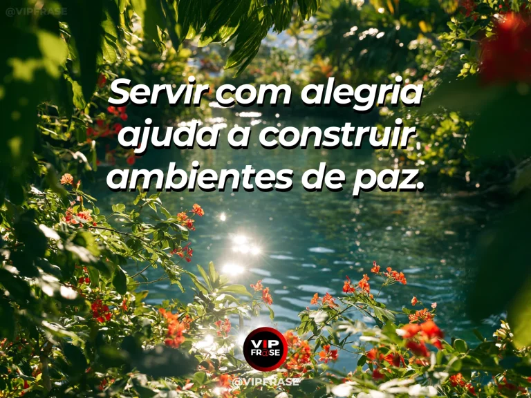Arte com frase de paz sobre serviço e cuidado, em cenário de jardim florido.