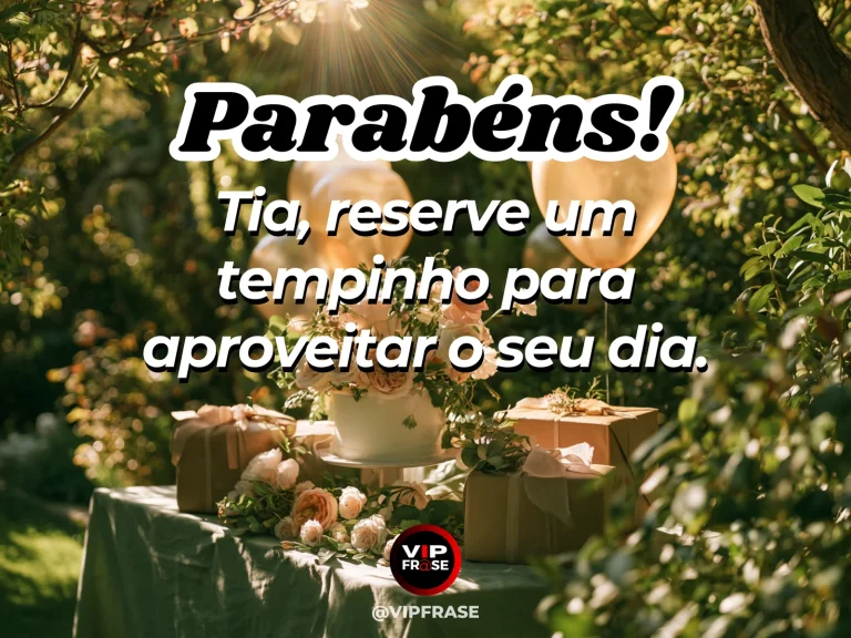 Mensagem de aniversário para tia sobre paz, com cozy afternoon tea and cake on flower-filled garden patio.