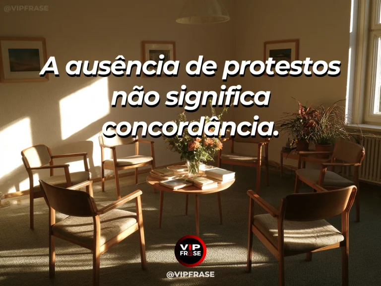 Frase de sabedoria sobre silêncio e concordância, com mesa redonda de jardim com cadeiras vazias e luz suave.