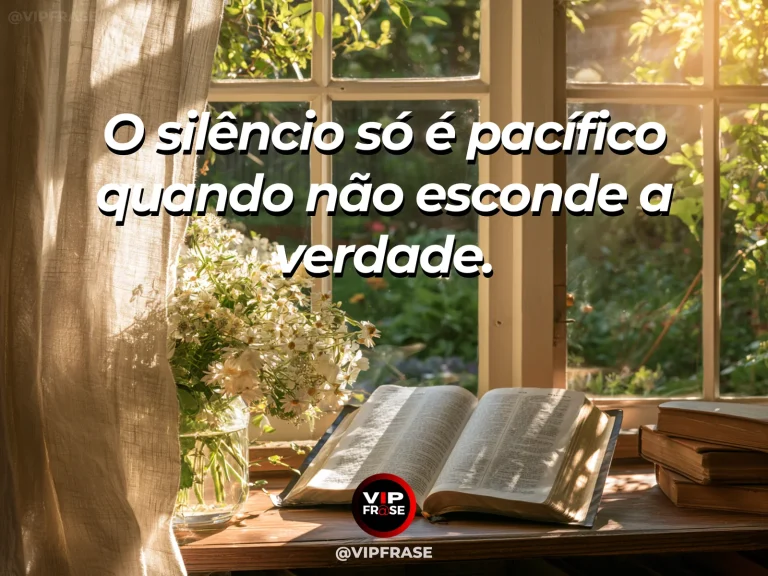 Arte com frase de paz sobre silêncio verdadeiro sem omissão, em cenário de janela aberta para jardim com livro fechado sobre mesa.