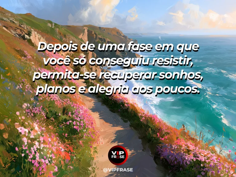 Mensagem de superação em terraço ensolarado diante do mar com flores vivas, evocando o retorno gradual da alegria e dos planos.