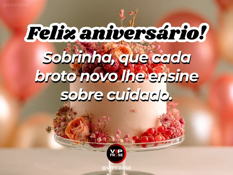 Mensagem de aniversário para sobrinha sobre sabedoria, com cena festiva de small flowering potted plants beside elegant garden birthday cake.