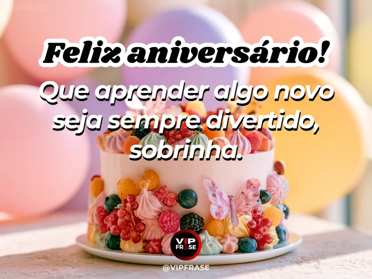 Mensagem de aniversário para sobrinha sobre estudo, com cena festiva de festive colorful birthday display.