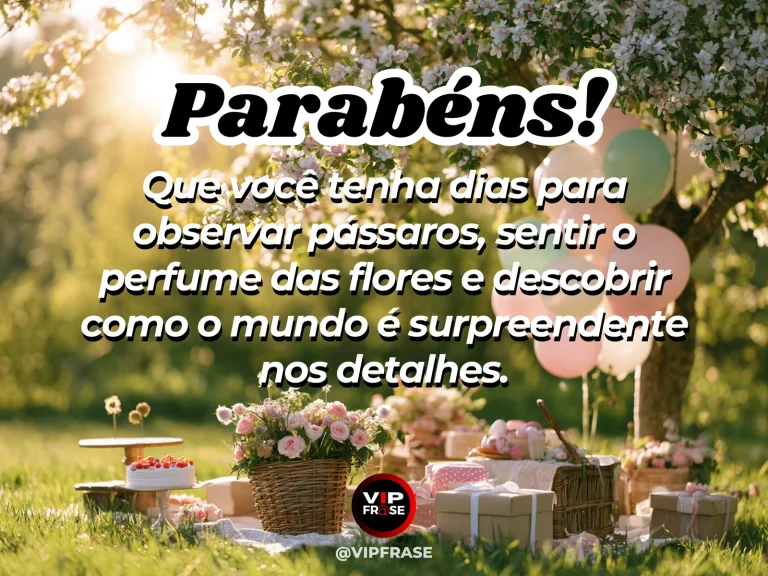 Mensagem de aniversário para sobrinha sobre vida, com cena festiva de vibrant sunny garden birthday table among birds butterflies and a.