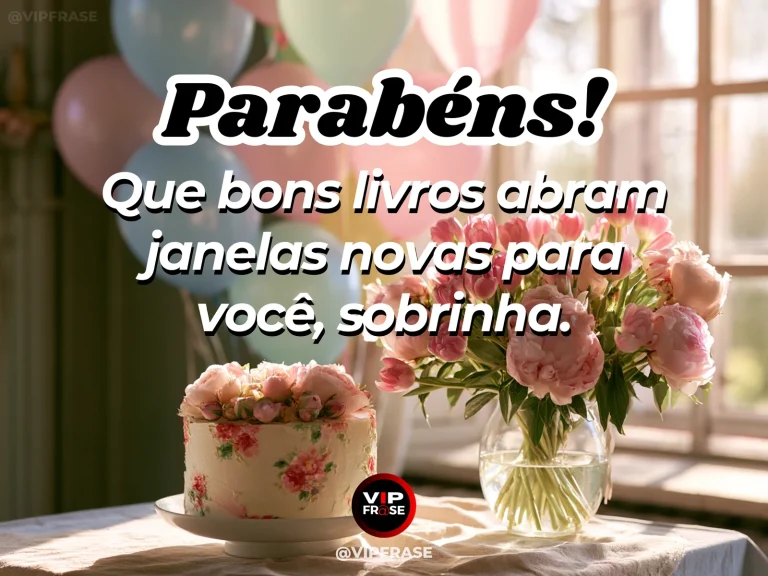 Mensagem de aniversário para sobrinha sobre estudo, com cena festiva de birthday reading corner.