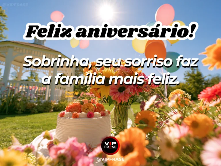 Mensagem de aniversário para sobrinha sobre felicidade, com sunlit family garden.