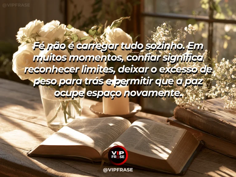Mensagem de fé e paz em uma enseada de águas claras e ondas suaves.
