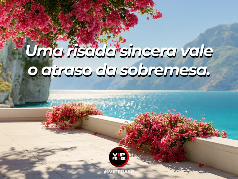 Arte com frase para status sobre alegria de rir sem pressa, com mesa alegre de almoço ao ar livre com sobremesa e flores coloridas.