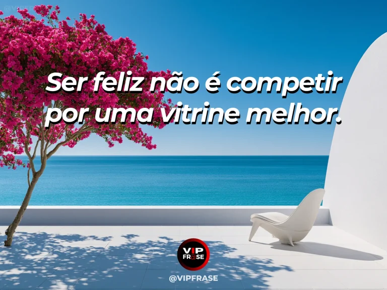 Arte com frase para status sobre alegria sem comparações, com casa acolhedora simples com flores na entrada e céu azul.