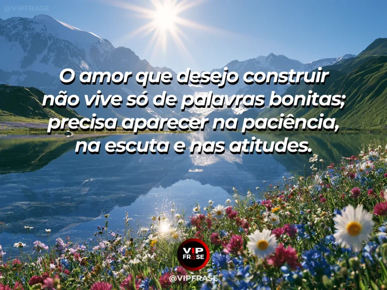 Arte com frase para status sobre amor demonstrado em atitudes, com casal lado a lado em banco à beira de lago azul cercado de flores.