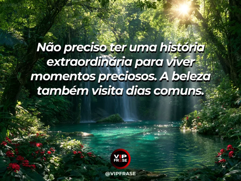 Arte com frase para status sobre beleza dos dias comuns, com quintal aconchegante com flores, cadeira de balanço e sol suave.