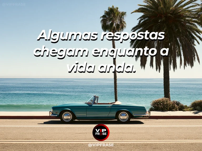 Arte com frase para status sobre descobertas ao longo do caminho, com estrada tranquila cercada de árvores e sol filtrado.