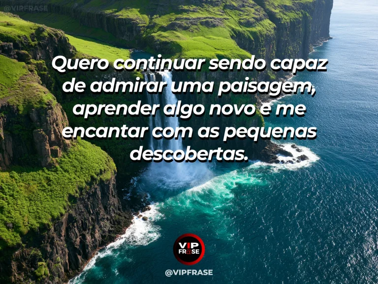 Arte com frase para status sobre encantamento com novas descobertas, com cachoeira turquesa entre jardins verdes com arco-íris discreto.