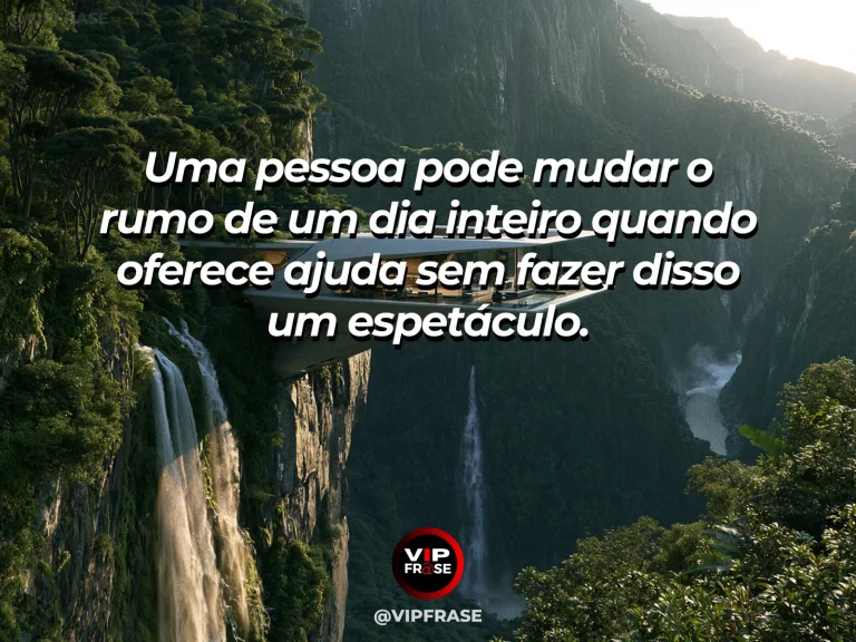 Arte com frase para status sobre gentileza discreta que transforma, com mãos ajudando outra pessoa a subir trilha de montanha ensolarada.