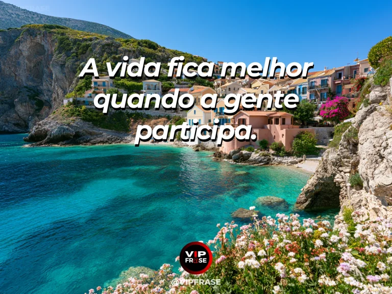 Arte com frase para status sobre presença ativa na vida, com pequena feira de bairro ao ar livre com cores e pessoas em movimento.