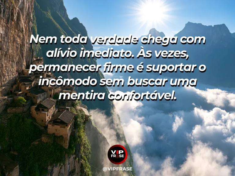 Frase de força sobre suportar o desconforto da verdade, ilustrada por um carvalho sobre rochas claras junto a um rio transparente.