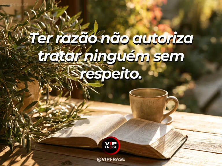 Mensagem de sabedoria sobre respeito mesmo nas divergências, com duas cadeiras e bule sobre varanda ensolarada.