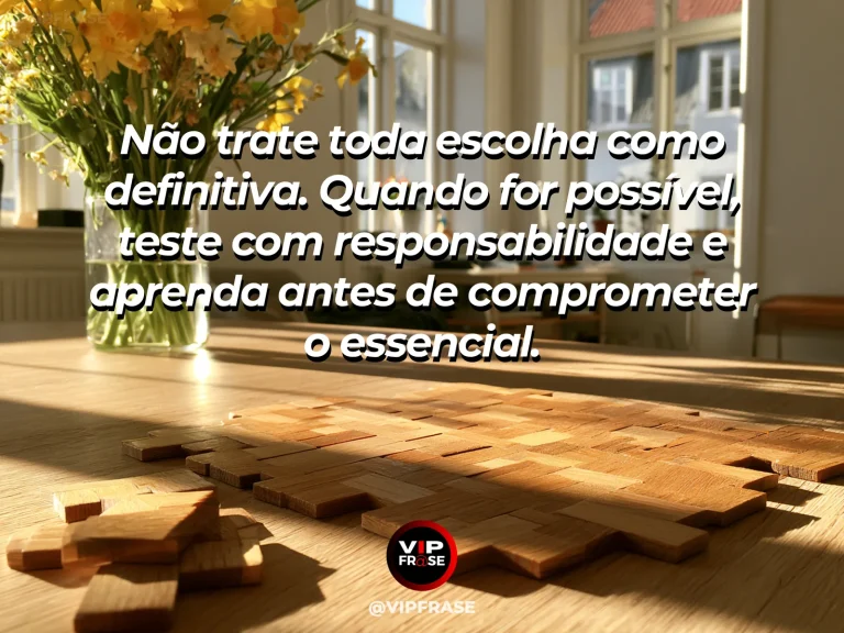 Frase de sabedoria sobre escolhas testadas com responsabilidade, com canteiro experimental pequeno ao lado de jardim amplo e florido.