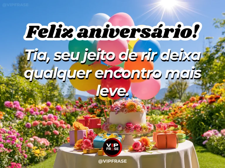 Mensagem de aniversário para tia sobre felicidade, com joyful birthday balloons and confetti beside a bright floral cake.