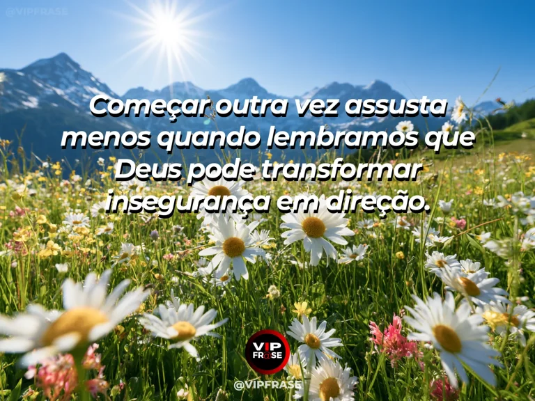 Frase sobre Deus com primeiras flores surgindo em paisagem depois da chuva, céu abrindo e arco de luz natural sem arco-íris.