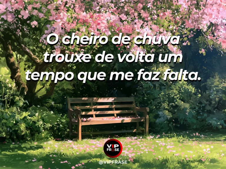 Mensagem de saudade sobre a falta despertada pela chuva, com jardim após a chuva e piso de terracota iluminado.