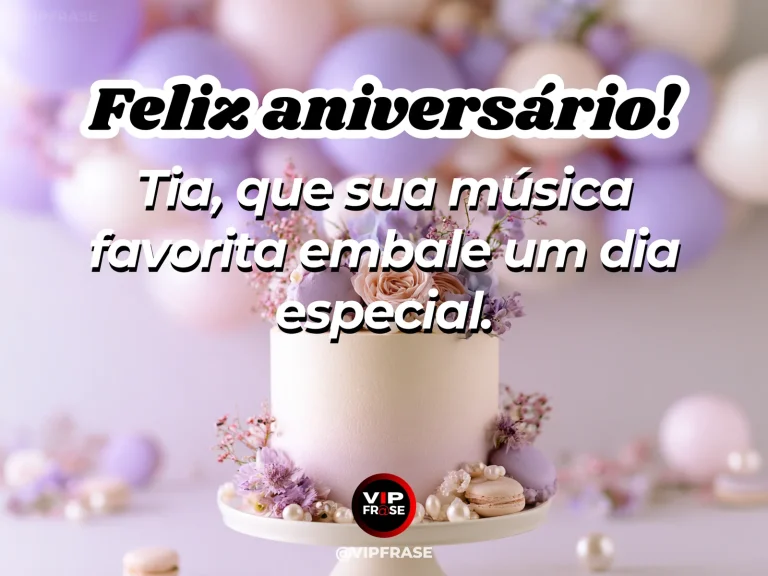 Mensagem de aniversário para tia sobre felicidade, com vintage record player beside birthday roses and pastel balloons.