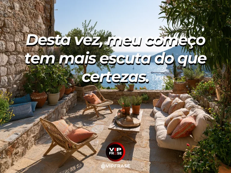 Mensagem de novo começo em banco junto a lago cercado de flores.