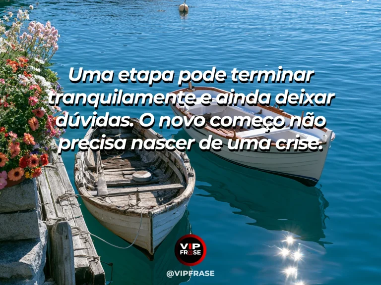 Mensagem sobre recomeço e iniciar fase nova após encerramento tranquilo, com lago sereno com duas trilhas floridas em margens ensolaradas.