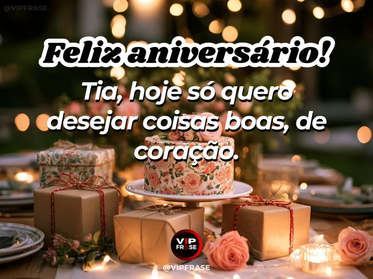 Mensagem de aniversário para tia sobre carinho, com simple fresh flowers next to homemade cake and wrapped gift.