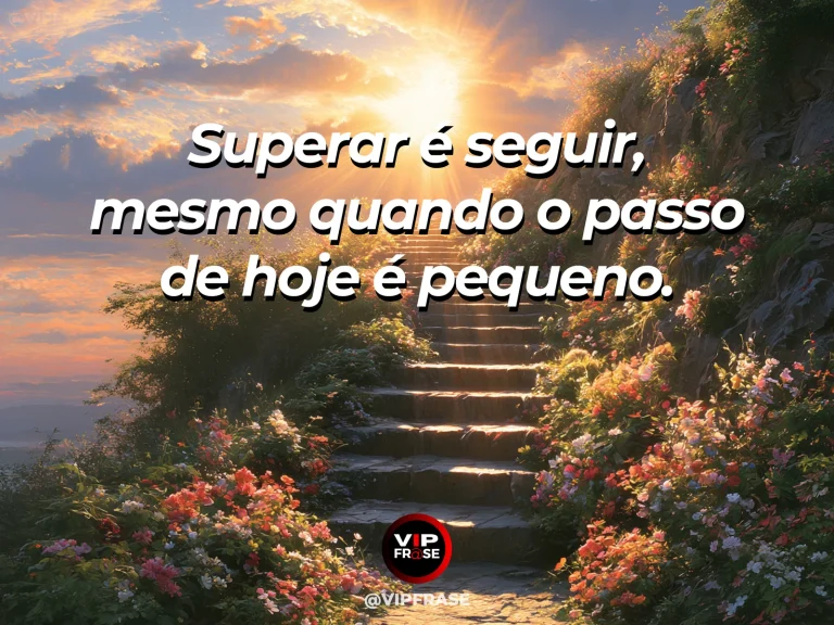 Mensagem de superação em degraus em jardim vivo após a chuva, representando pequenos avanços que constroem a superação.