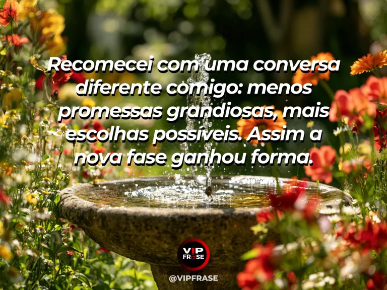 Mensagem sobre recomeço e trocar promessas excessivas por escolhas realistas ao recomeçar, com caderno aberto sem palavras com pequenos planos visuais e vaso verde.