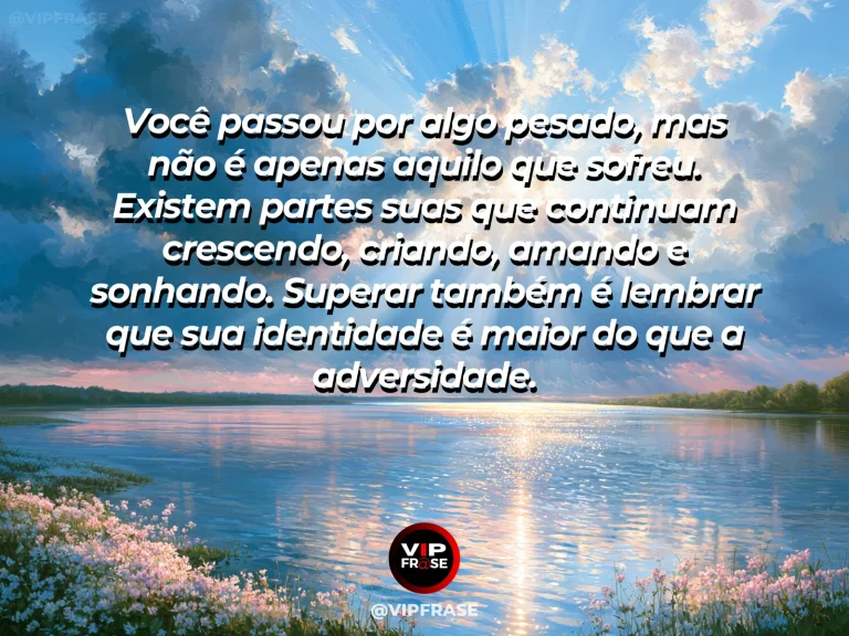 Mensagem de superação em jardim colorido refletido na água após a chuva, simbolizando identidade, crescimento e renovação.