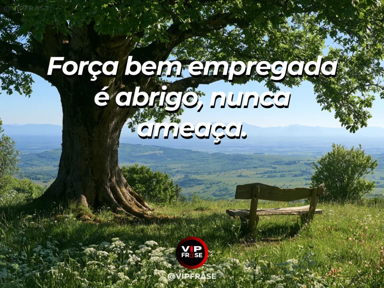 Frase de força sobre uma força voltada ao próximo, com muralha de pedra protegendo jardim florido diante de serras monumentais.