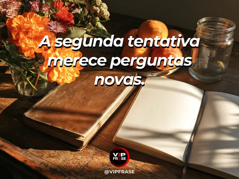 Frase sobre recomeço e uma nova tentativa com outras perguntas, em cena de dois cadernos sem letras sobre mesa de madeira com flores coloridas.