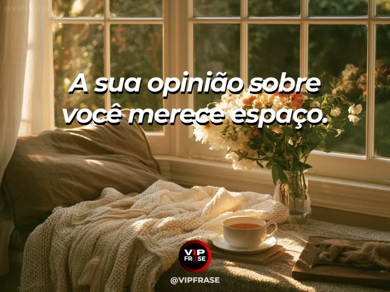 Frase de autoestima sobre valuing your own perspective, com quiet desk by a wide window overlooking mountains