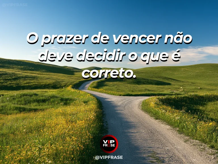 Frase de sabedoria sobre vitória sem perder a integridade, com caminho firme e claro que atravessa pomar de frutas maduras.