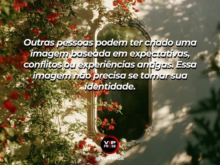 Mensagem de autoestima sobre rejecting identities imposed by others, com mirror framed by flowers reflecting blue sky